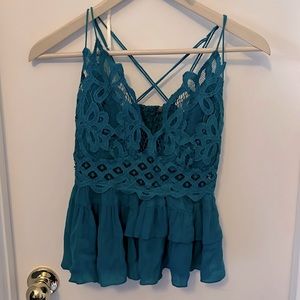 Free People Teal Lace Ruffled Tank